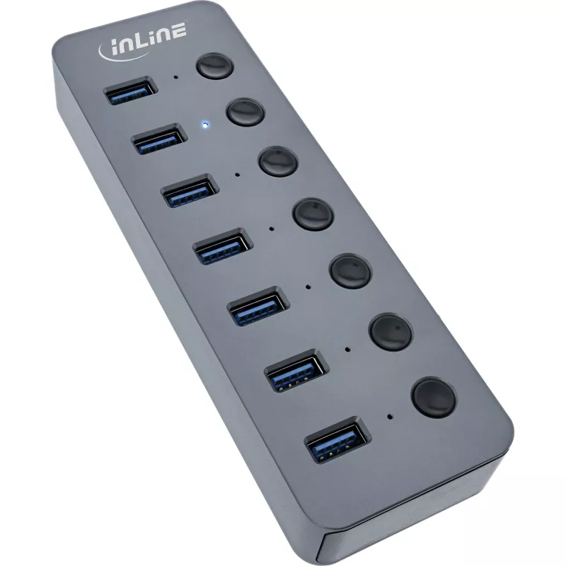 InLine USB 3.2 Gen.1 šakotuvas, 7 prievadų, su jungikliu, aliuminis, pilkas, su maitinimo bloku