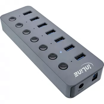 InLine USB 3.2 Gen.1 šakotuvas, 7 prievadų, su jungikliu, aliuminis, pilkas, su maitinimo bloku