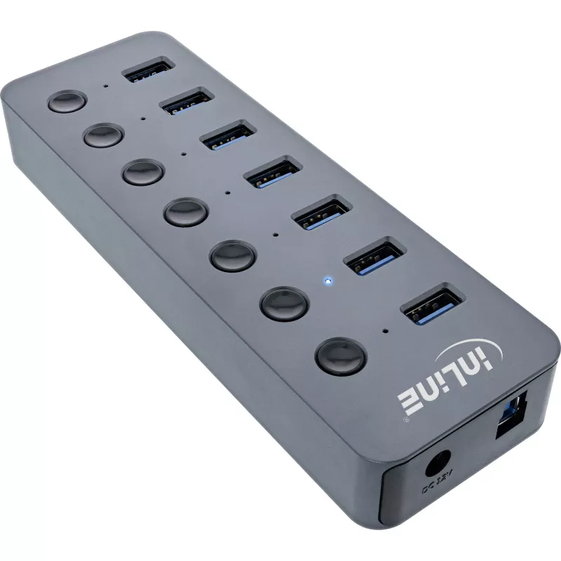 InLine USB 3.2 Gen.1 šakotuvas, 7 prievadų, su jungikliu, aliuminis, pilkas, su maitinimo bloku