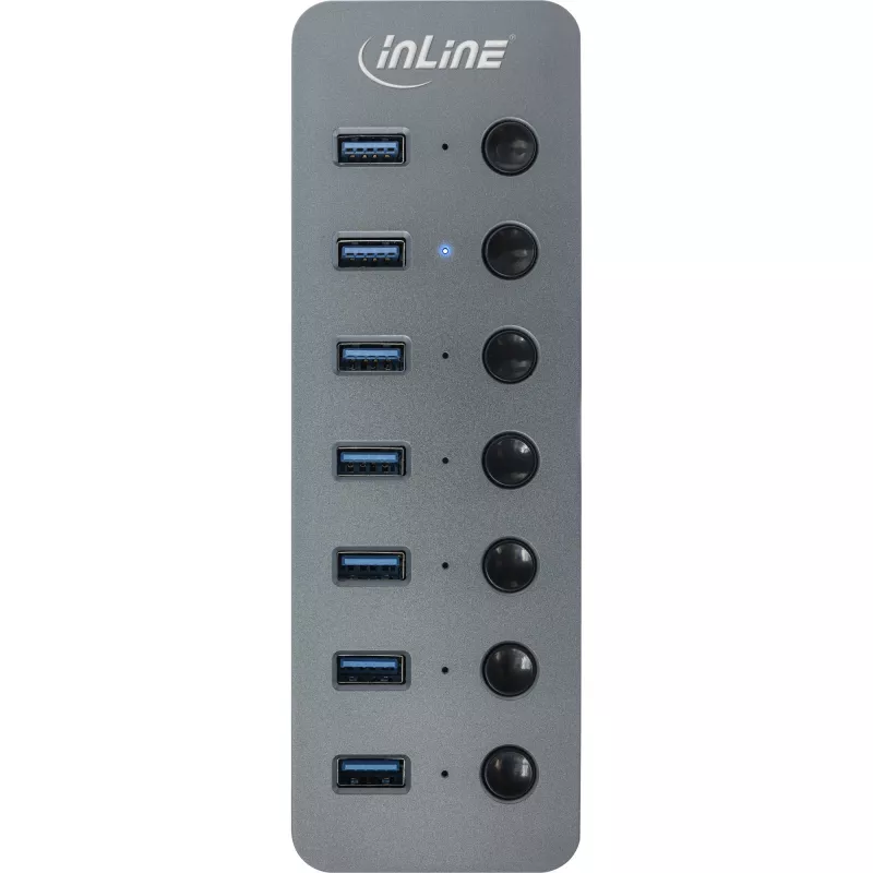 InLine USB 3.2 Gen.1 šakotuvas, 7 prievadų, su jungikliu, aliuminis, pilkas, su maitinimo bloku