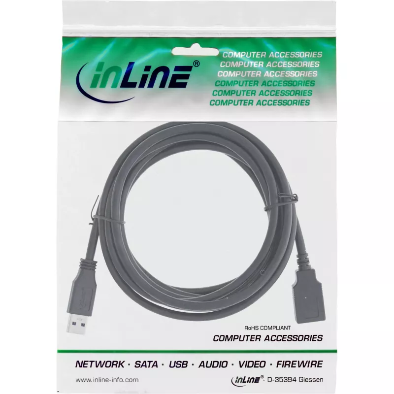 InLine USB 3.2 Gen.1 kabelis Type A kištukas / Type A lizdas, juodas, 5 m