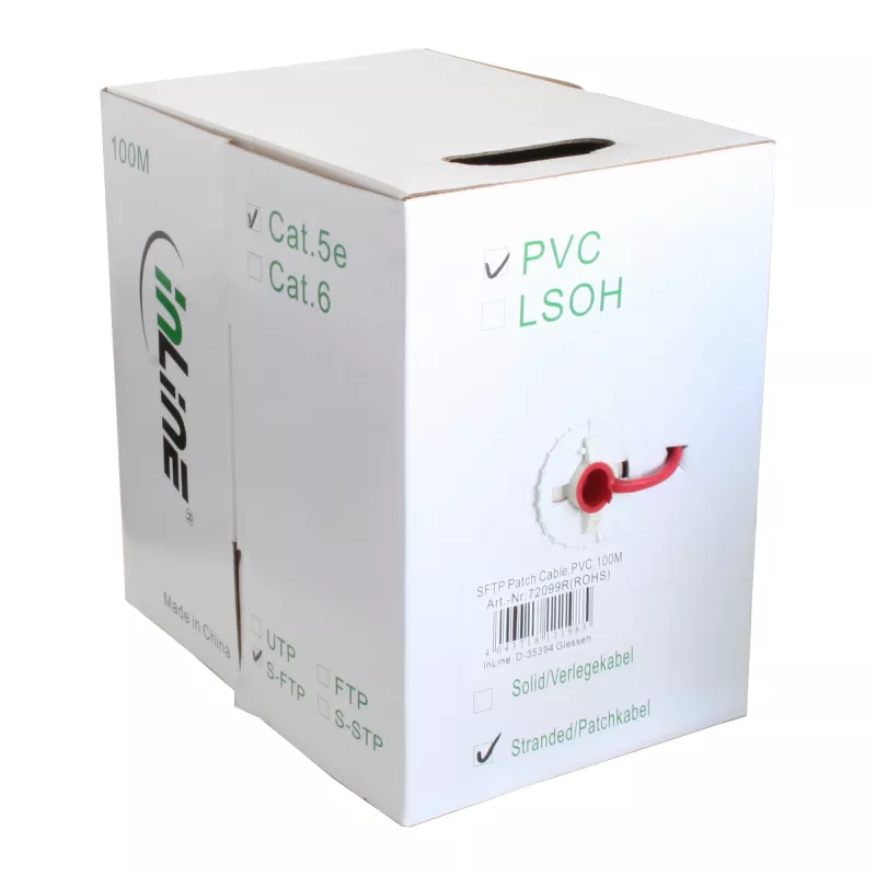 InLine komutacinis kabelis SF/UTP Cat.5e AWG26 CCA PVC raudonas 100 m