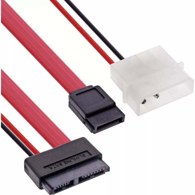 InLine Slimline SATA kabelis, plonas SATA 13 kontaktų (7+6) kabelio pusė prie SATA+maitinimas, 0,4 m