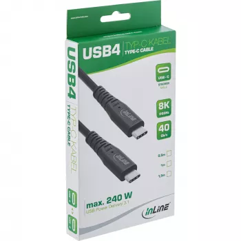 InLine USB4 laidas, USB-C kištukas/kištukas, PD 240W, 8K60Hz, TPE juodas 0,5m