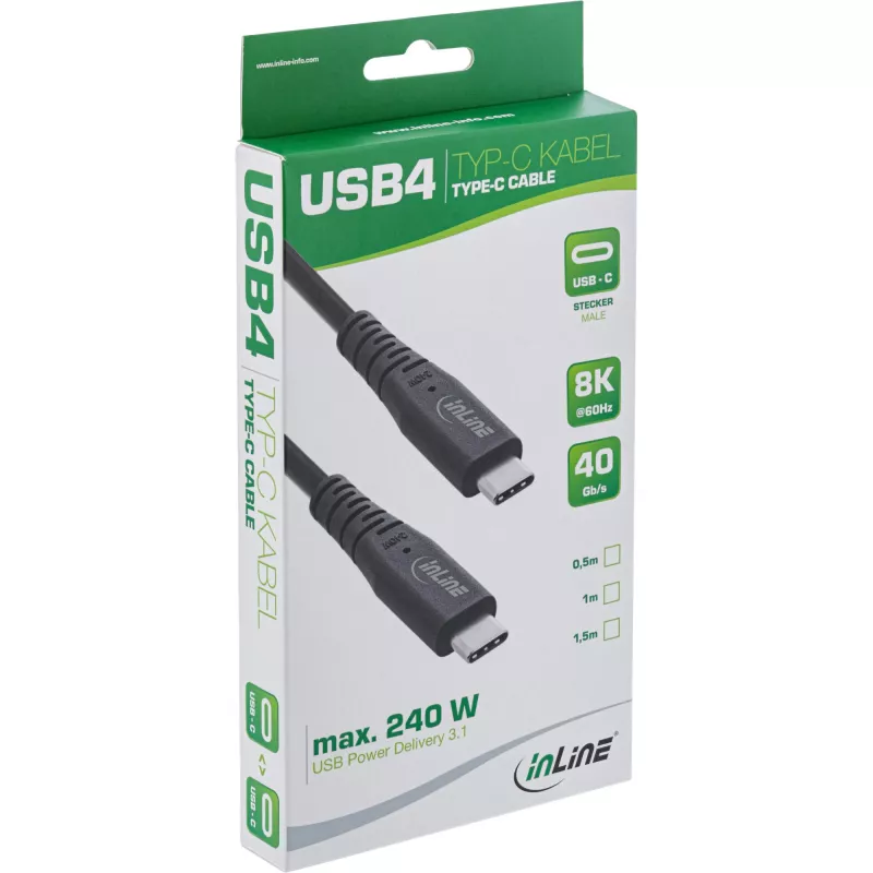 InLine USB4 laidas, USB-C kištukas/kištukas, PD 240W, 8K60Hz, TPE juodas 1,5 m