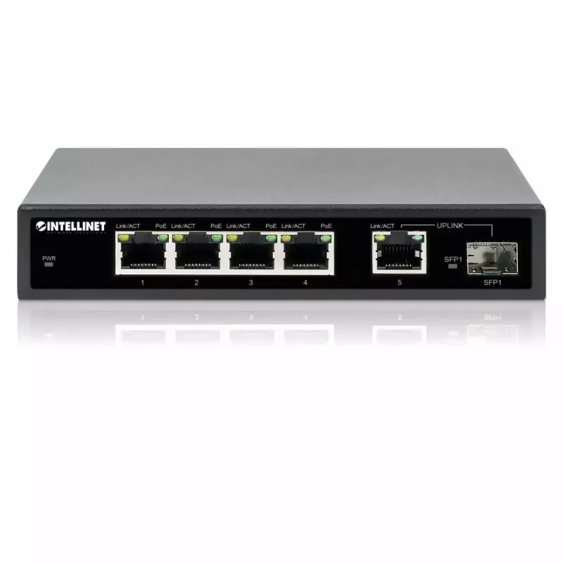 „Intellinet“ 5 prievadų gigabitinio eterneto PoE+ komutatorius su SFP prievadu, 91 W galios biudžetas