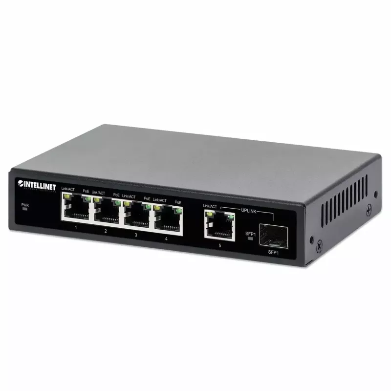 „Intellinet“ 5 prievadų gigabitinio eterneto PoE+ komutatorius su SFP prievadu, 91 W galios biudžetas