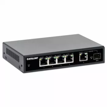 „Intellinet“ 5 prievadų gigabitinio eterneto PoE+ komutatorius su SFP prievadu, 91 W galios biudžetas