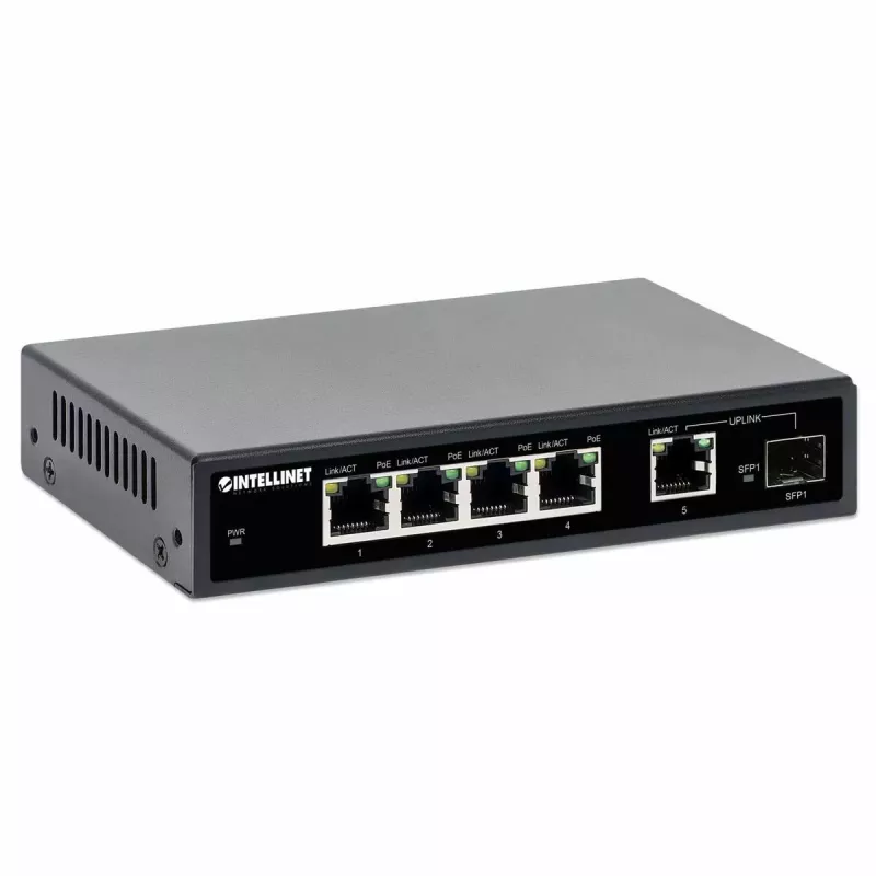 „Intellinet“ 5 prievadų gigabitinio eterneto PoE+ komutatorius su SFP prievadu, 91 W galios biudžetas