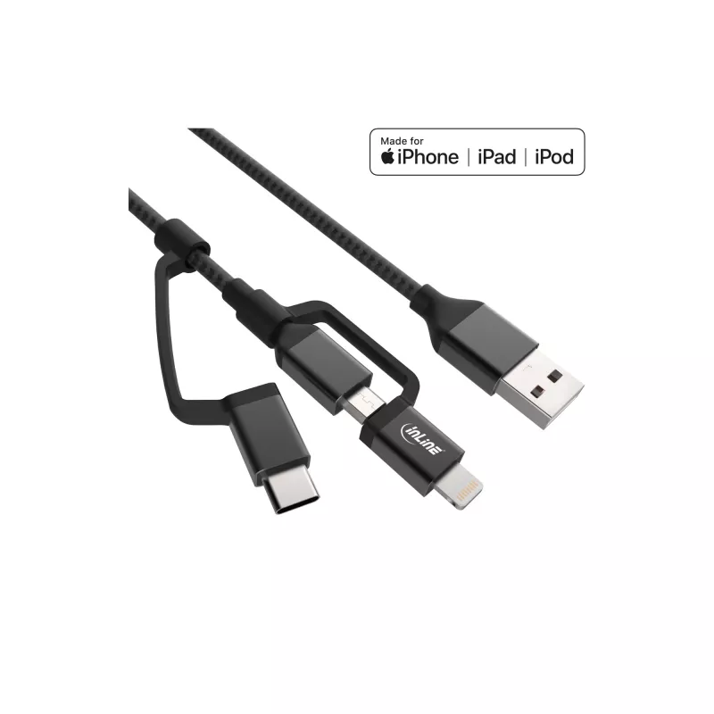 InLine 3-in-1 USB laidas, USB-A kištukas į Micro-USB+USB-C+Lightning, juodas/aliuminis