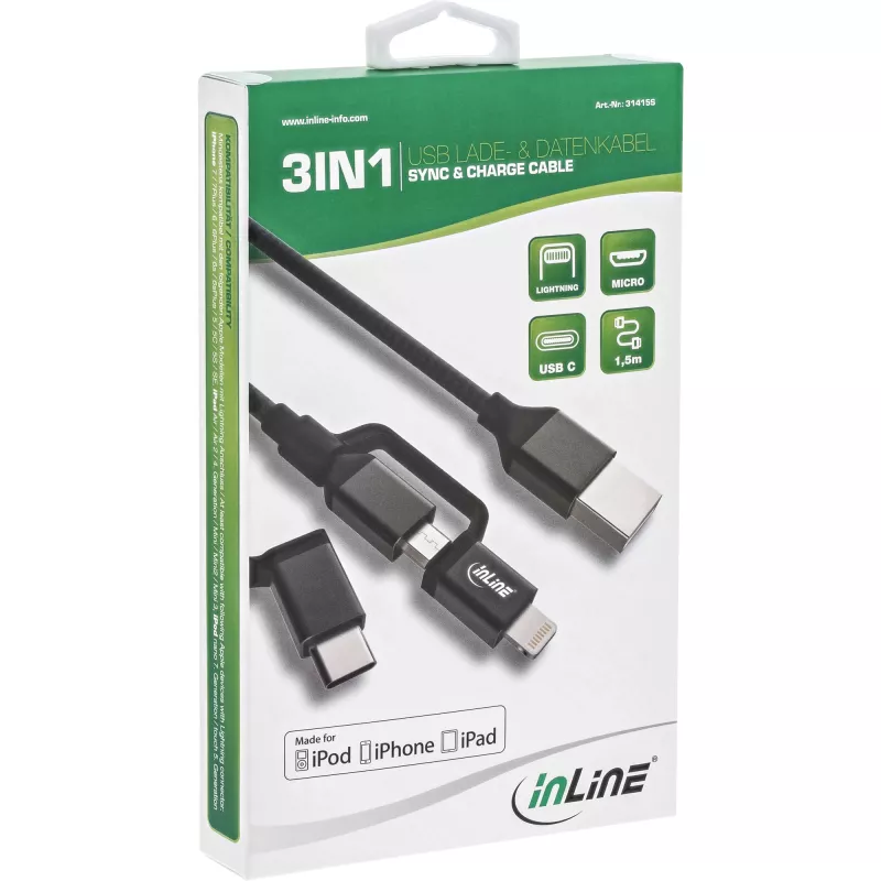InLine 3-in-1 USB laidas, USB-A kištukas į Micro-USB+USB-C+Lightning, juodas/aliuminis