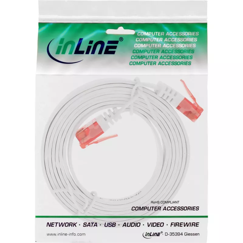 InLine plokščias Ultraslim komutacinis kabelis U/UTP Cat.6 Gigabit ready white 0.5m