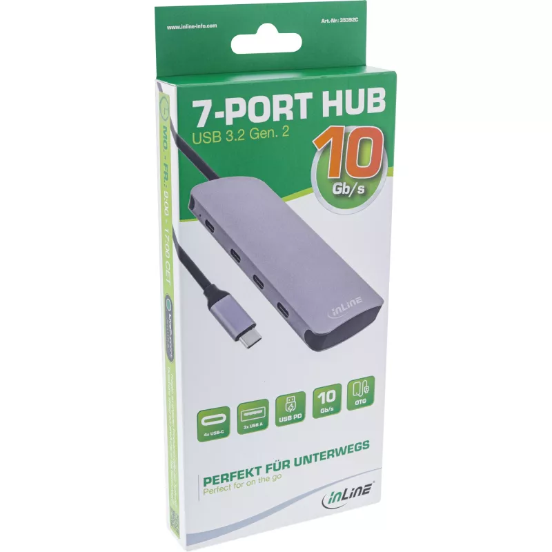 InLine USB 3.2 Gen.2 šakotuvas, 4x USB-C + 3x USB-A, PD 100W, aliuminis, pilkas
