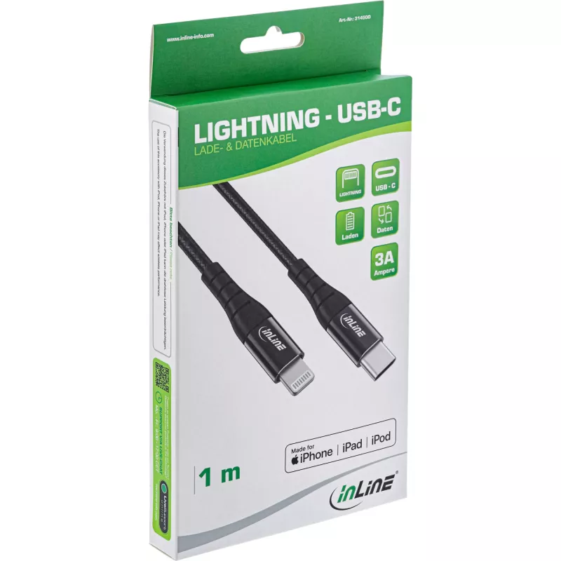 InLine USB-C Lightning laidas, skirtas iPad, iPhone, iPod, juodas/aliuminis, 2 m MFi