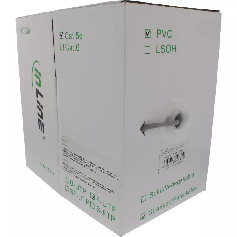 InLine komutacinis kabelis F/UTP Cat.5e AWG26 CCA PVC pilkas 100m