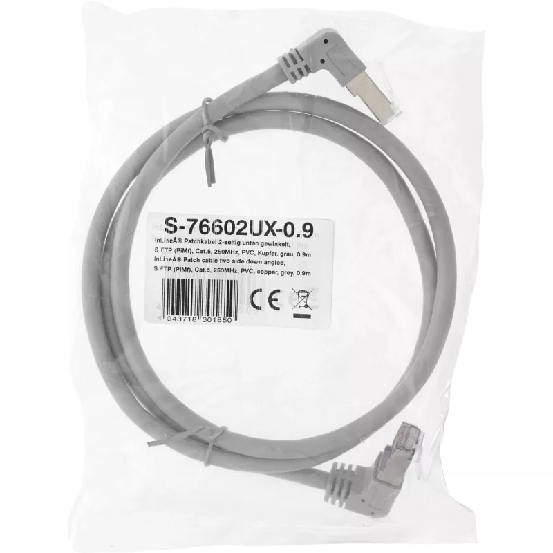Tinklo kabelis InLine® S-76602U-1.1 kampinė jungtis Cat.6 1,1 m pilkas