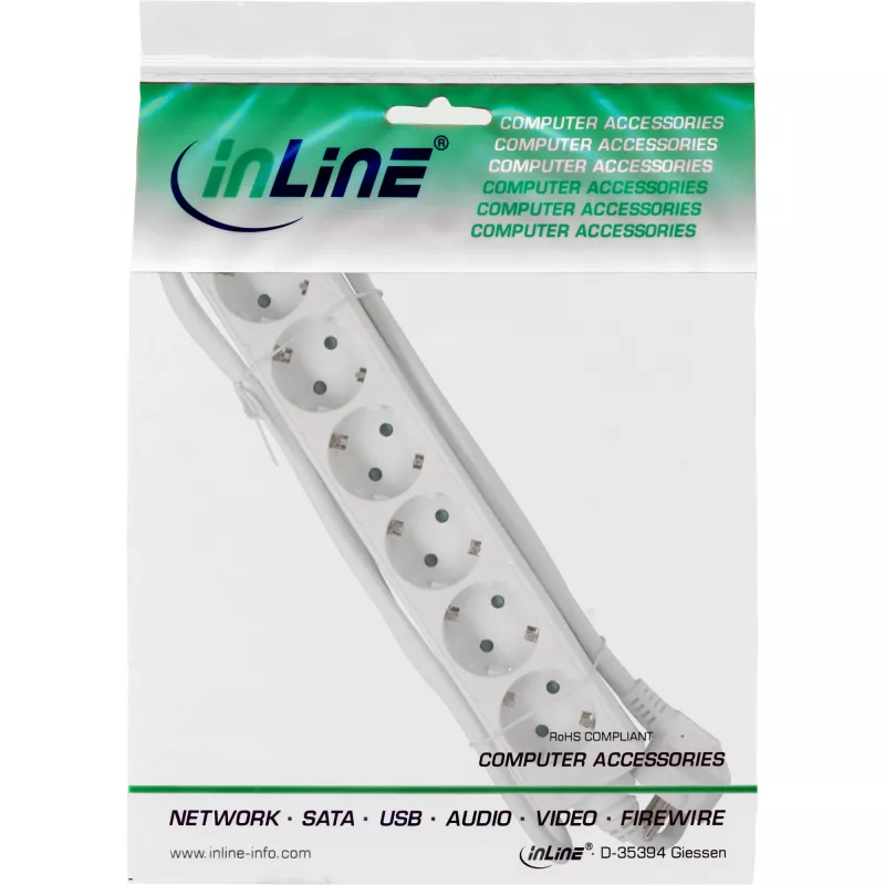 InLine kištukinis lizdas, 6 krypčių įžeminimo kontaktas CEE 7/3, baltas, 1,5 m
