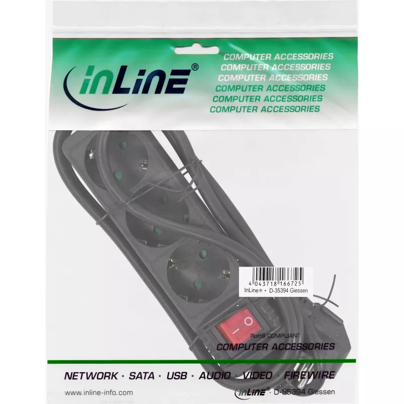 InLine kištukinis lizdas, 3 krypčių įžeminimo kontaktas CEE 7/3, su jungikliu, juodas, 5 m