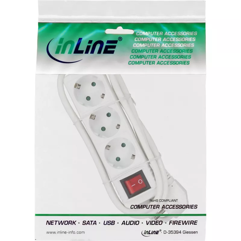 InLine kištukinis lizdas, 3 vietų apsauginis kontaktas CEE 7/3, su jungikliu, baltas, 5 m