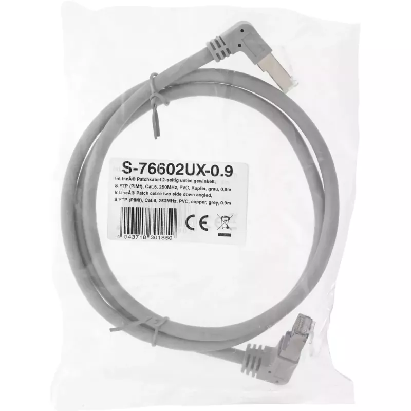 InLine komutacinis kabelis dvišoniai žemyn kampu, S/FTP (PiMf), Cat.6, 250 MHz, PVC, varis, pilkas, 1,1 m