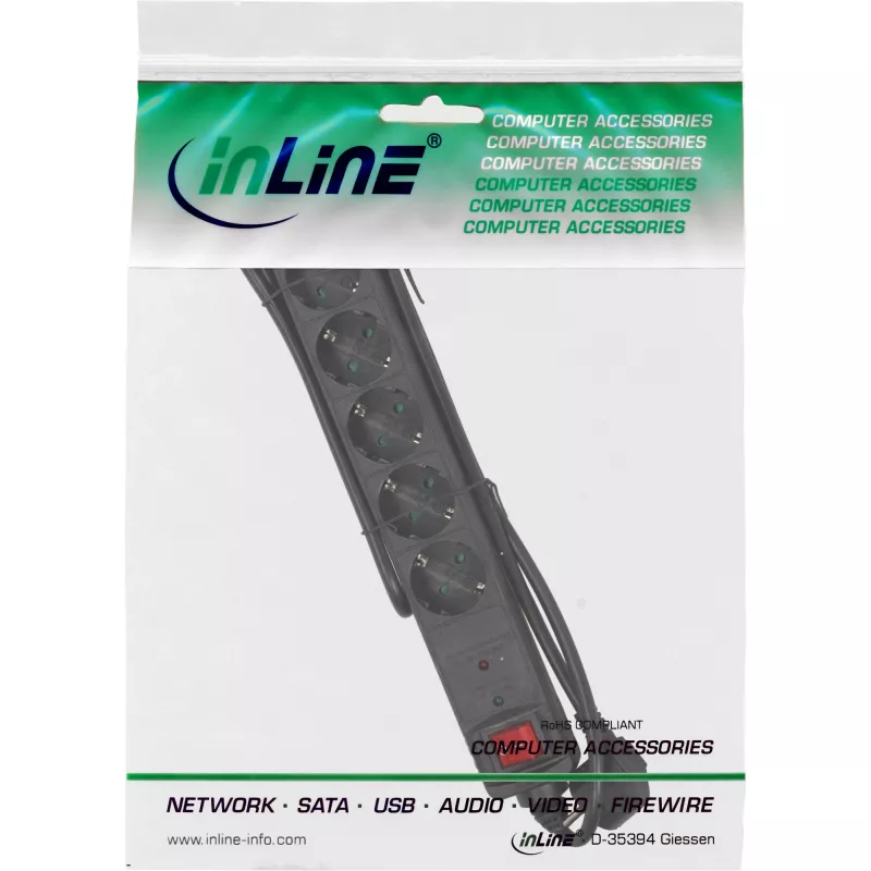 InLine kištukinis lizdas CEE 7/3, 6 lizdų, apsauga nuo viršįtampių, jungiklis, juoda