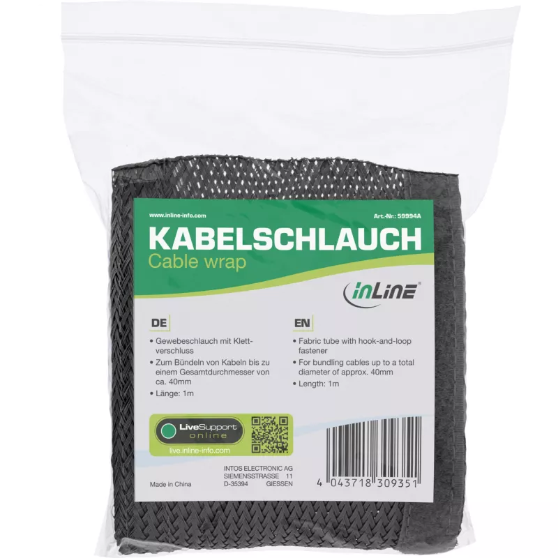 Kabelių kanalas InLine medžiaginis vamzdis su užsegimu 1 m × 25 mm, juodas