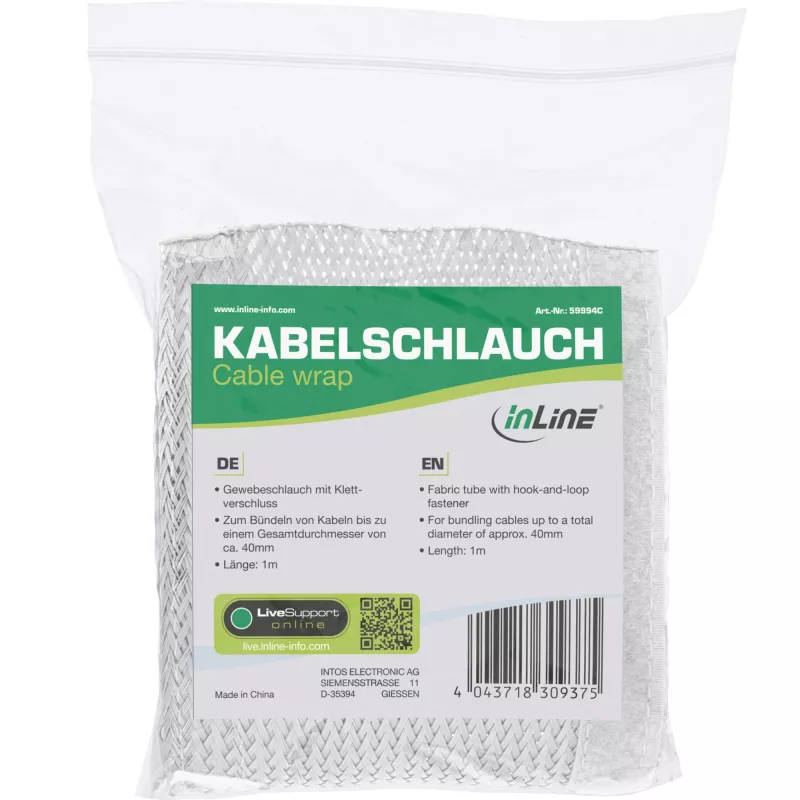 InLine kabelių lovelis, medžiaginis vamzdis su kabliukų ir kilpų tvirtinimo juosta, 1m x 25mm balta