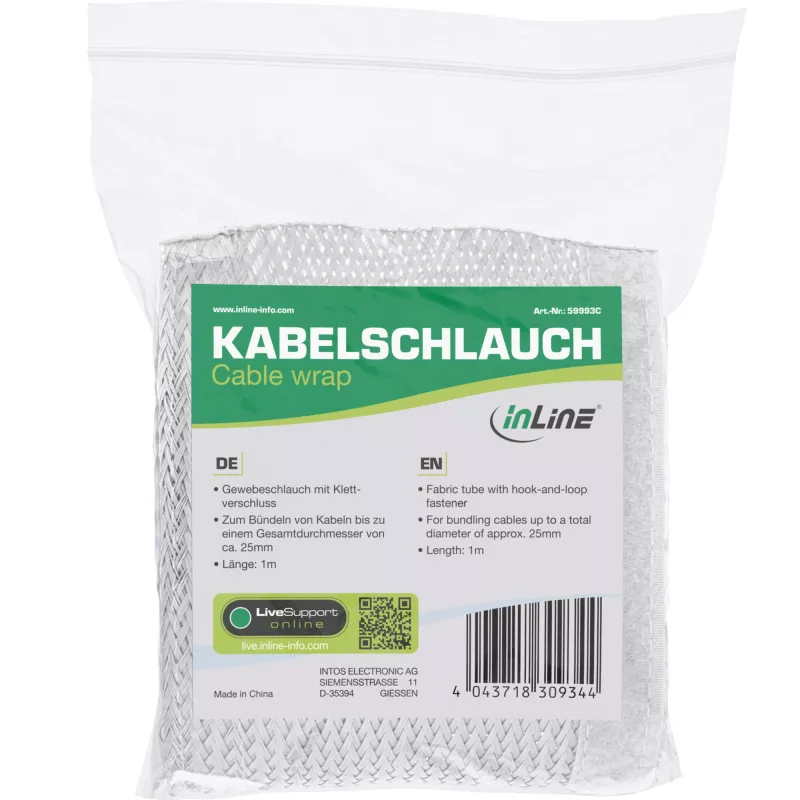 Kabelių mova InLine 1 m × 25 mm, medžiaginis audinys su užtrauktuku, balta