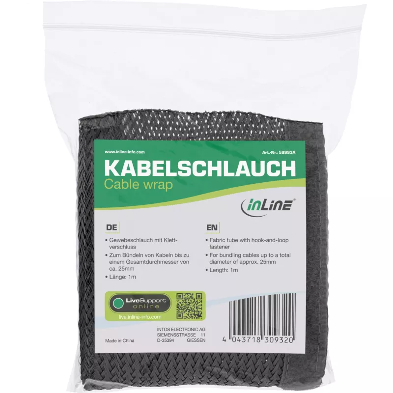 Kabelių apsauginė įvorė InLine 59993A — medžiaginė žarna su kabliukų-kilpų užsegimu, 1 m × 25 mm, juoda