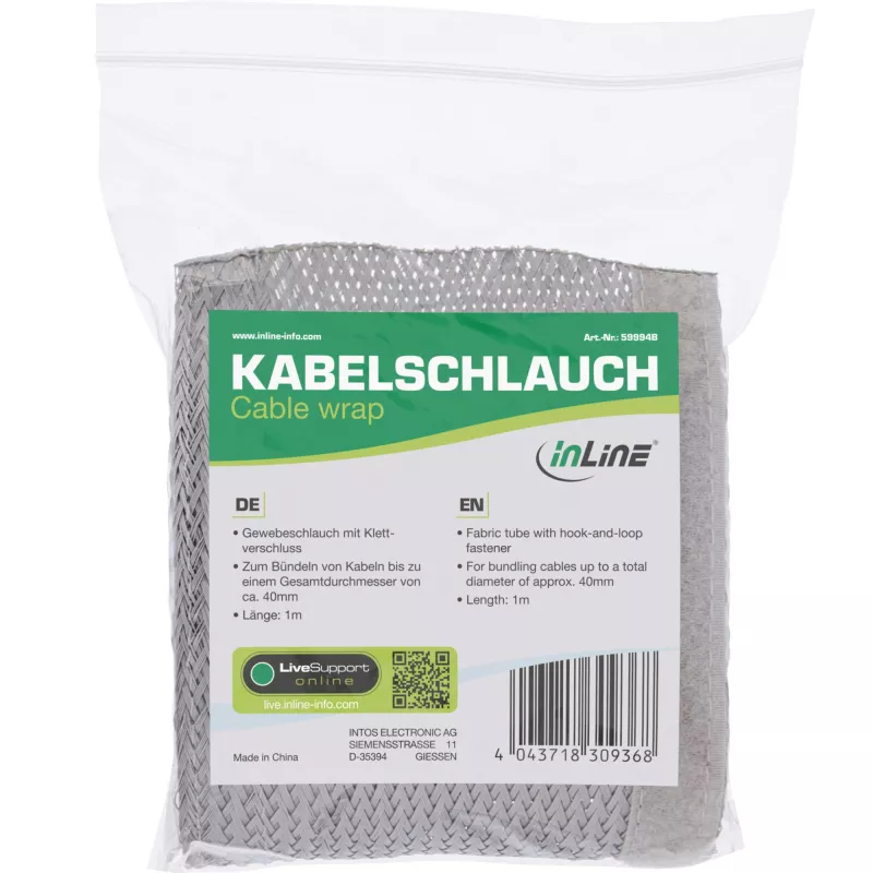 InLine kabelių vamzdelis, medžiaginis vamzdis su užtrauktuku, 1m x 25mm, pilkas