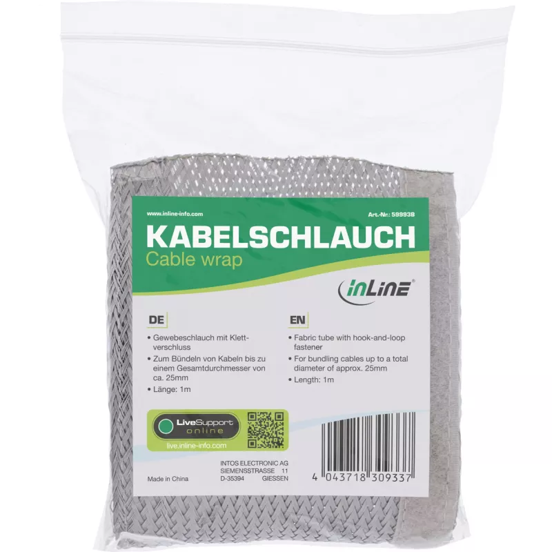 InLine kabelių kanalas, medžiaginis vamzdis su lipduku ir kilpele, 1 m x 25 mm pilkas