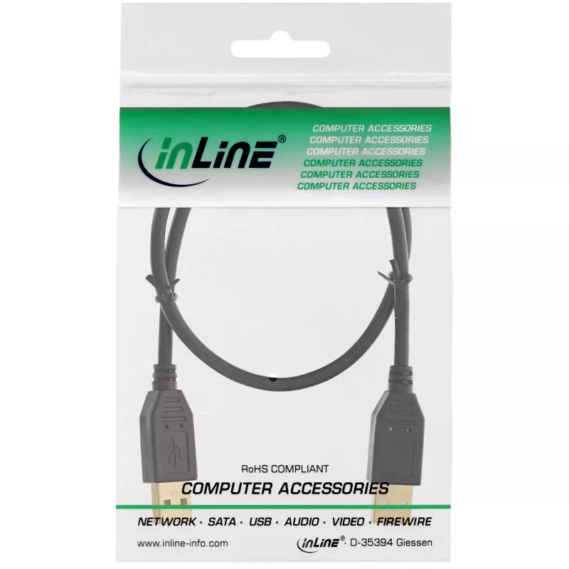 InLine USB 2.0 laidas, AM/AM, juodas, paauksuoti kontaktai, 2 m