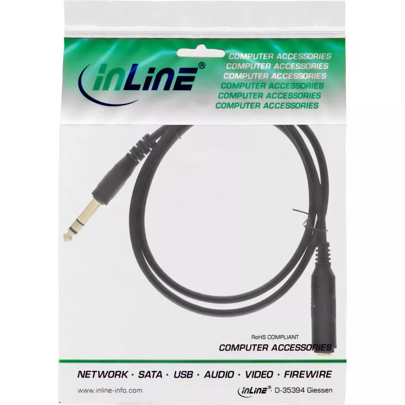 InLine ausinių ilginamasis kabelis 6,3 mm stereofoninis, kištukas/lizdas, paauksuoti kontaktai, juodos spalvos, 2 m
