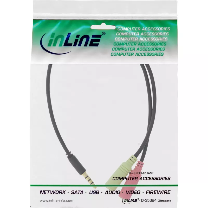 InLine garso ausinių adapterio laidas 3,5 mm kištukas 4 kontaktų / 2x 3,5 mm, juodas, 2 m
