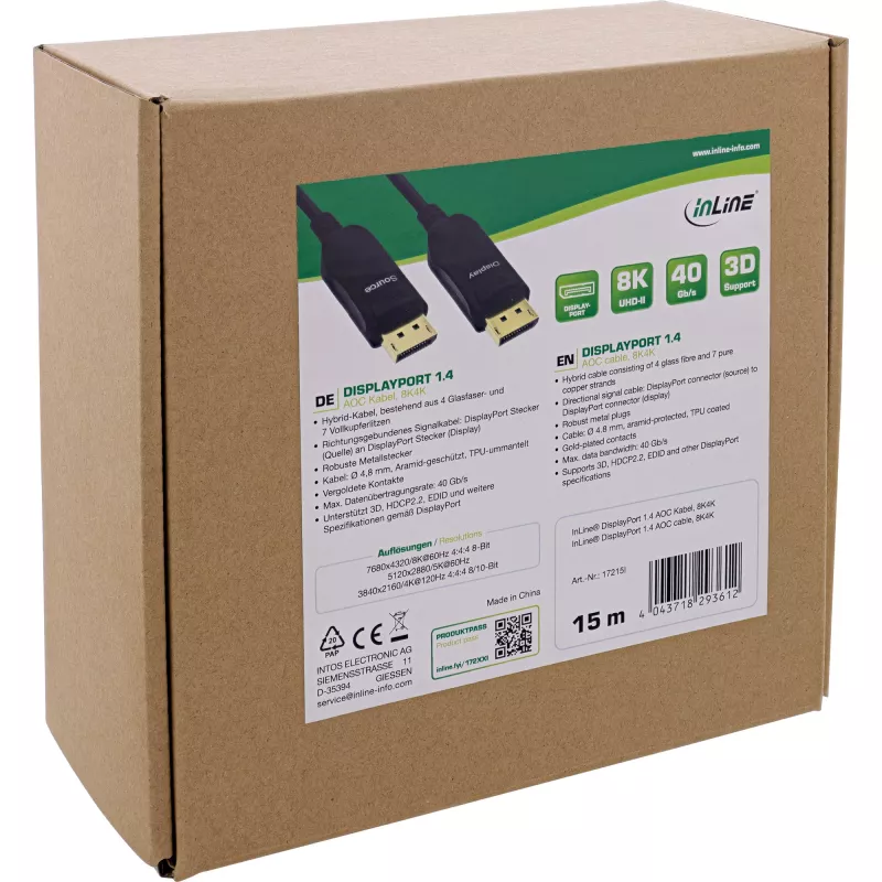InLine DisplayPort 1.4 AOC kabelis, 8K4K, juodas, 15 m
