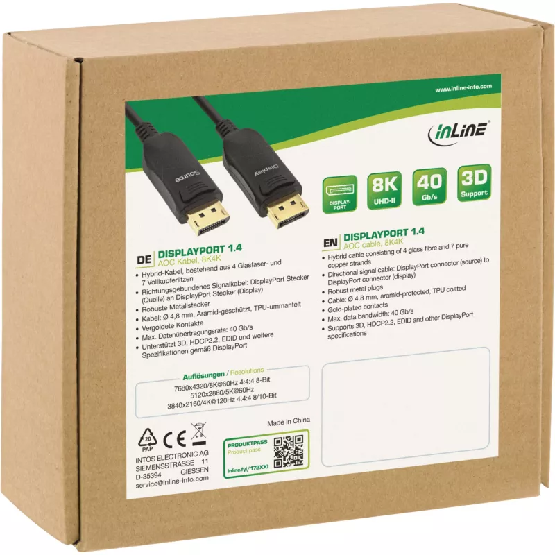 InLine DisplayPort 1.4 AOC laidas, 8K4K, juodas, 10 m, 10 m, DisplayPort, DisplayPort, kištukas, kištukas, 7680 x 4320 pikselių