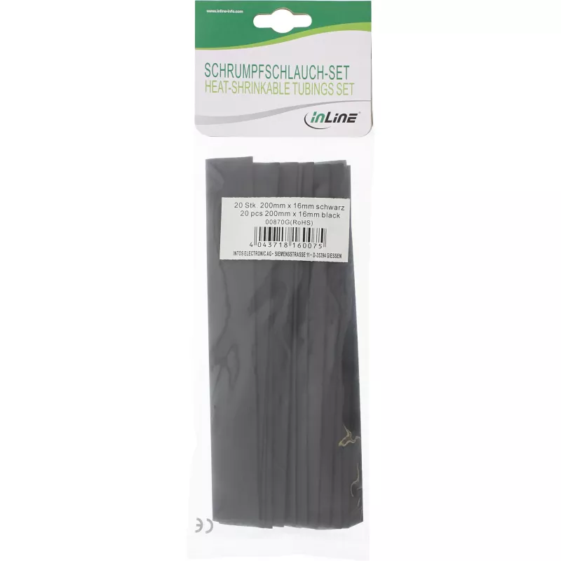 Termiškai susitraukiantis vamzdelis InLine 200 mm, skersmuo 16 mm → 8 mm, 20 vnt., juodas
