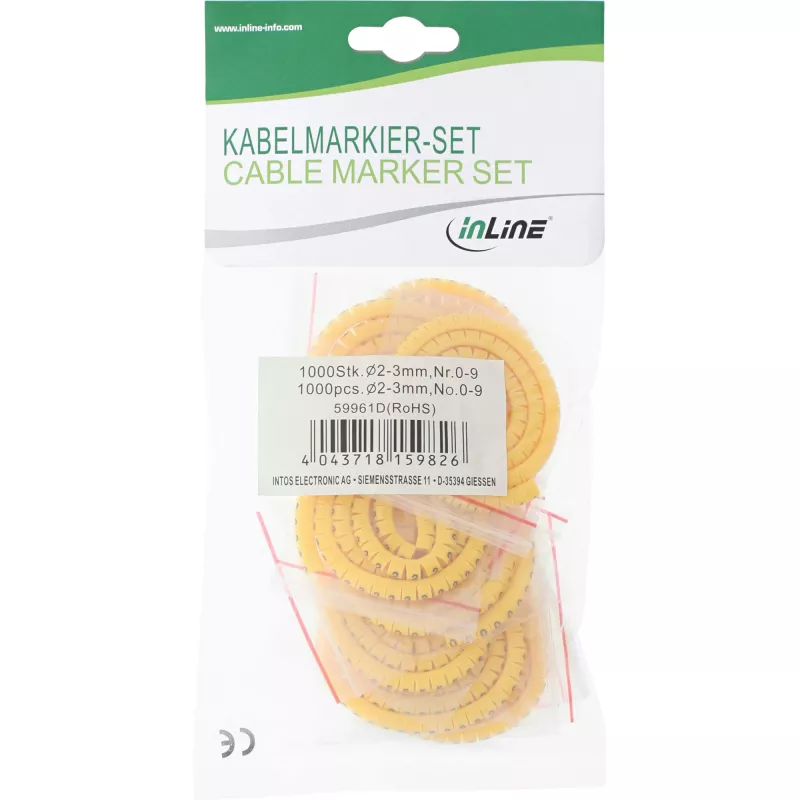 InLine kabelių žymeklis 3,0–5,2 mm Nr. 0–9 1000 vnt., geltonas, 3 mm, 98 g, 120 mm, 310 mm, 26 mm
