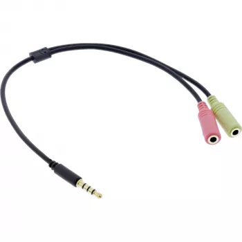 InLine garso ausinių adapterio laidas 3,5 mm kištukas 4 kontaktų / 2x 3,5 mm, juodas, 0,15 m