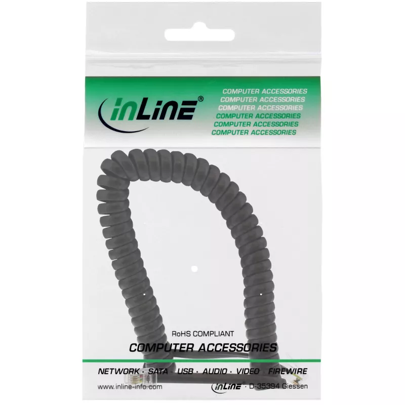 InLine spiralinis laidas RJ10 tiesioginis vyriškas / vyriškas, juodas, iki 4 m