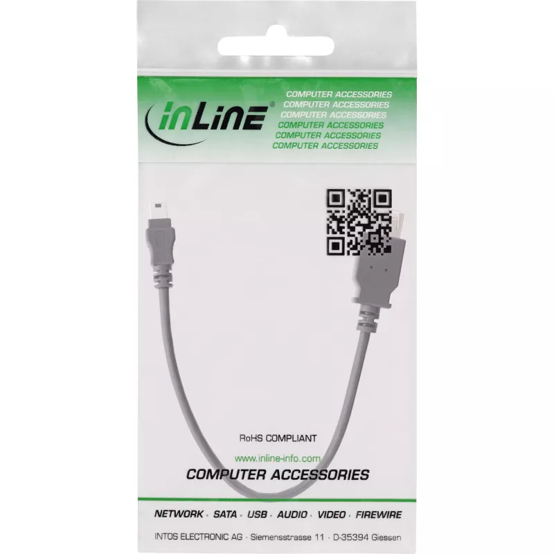 InLine USB 2.0 laidas A lizdas / Mini 5 kontaktų kištukas 0,2 m, 0,2 m, Mini-USB B, USB A, USB 2.0, Kištukas/Lizdas, Juodas