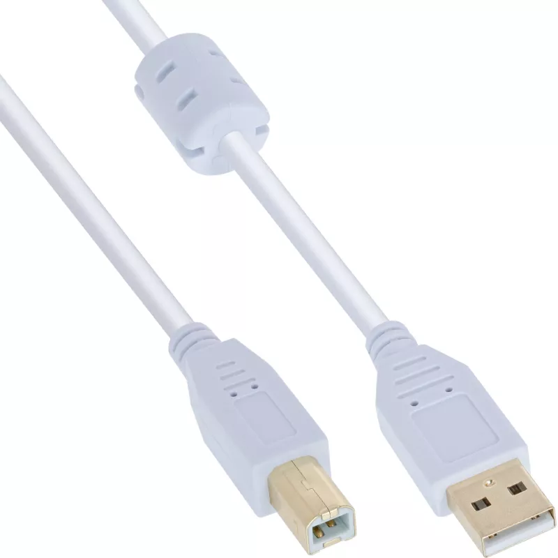 InLine USB 2.0 laidas, Type A kištukas / B kištukas, paauksuoti kontaktai, su ferito šerdimi, baltas, 10 m