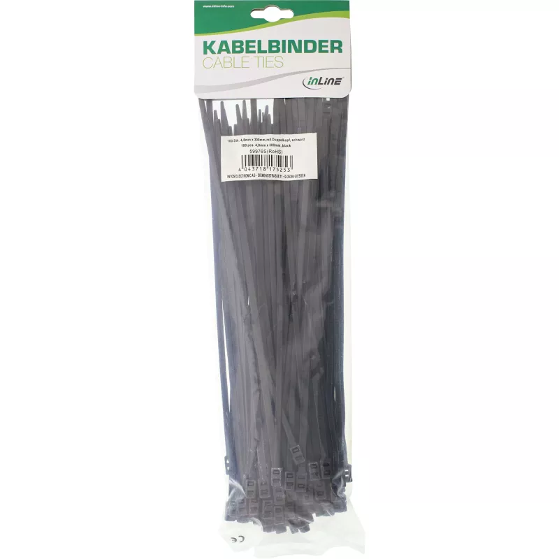 Kabelių raiščiai InLine montuojami dvigalviai 300 mm x 4,8 mm, nailonas, juodi, 100 vnt.