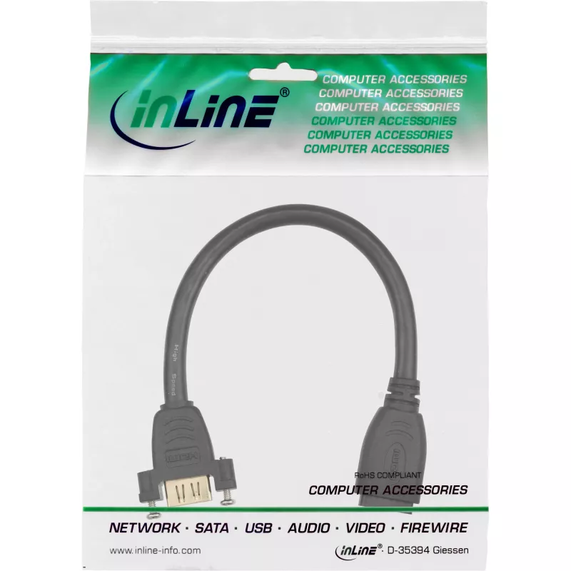 InLine HDMI adapterio laidas Type A moteriška/moteriška su flanšu, paauksuotas, 4K2K, 0,2m