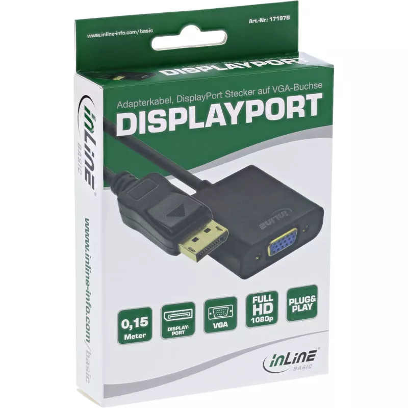 InLine Basic DisplayPort adapterio kabelis, DP kištukas / VGA lizdas juodas 0,15 m