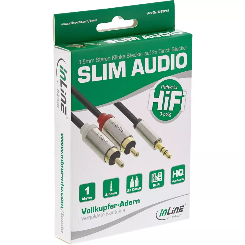 Garso laidas 3,5 mm kištukas – 2x RCA kištukai InLine Basic plonas S-99241