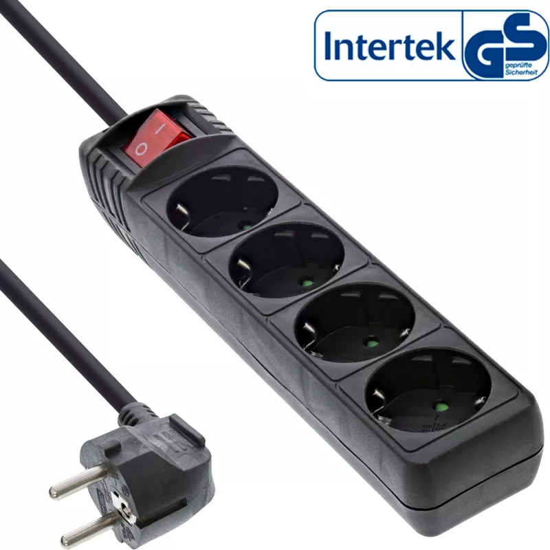 InLine lizdų juosta, 4 krypčių su įžeminimo kontaktu CEE 7/3, su jungikliu, juoda, 1,5 m