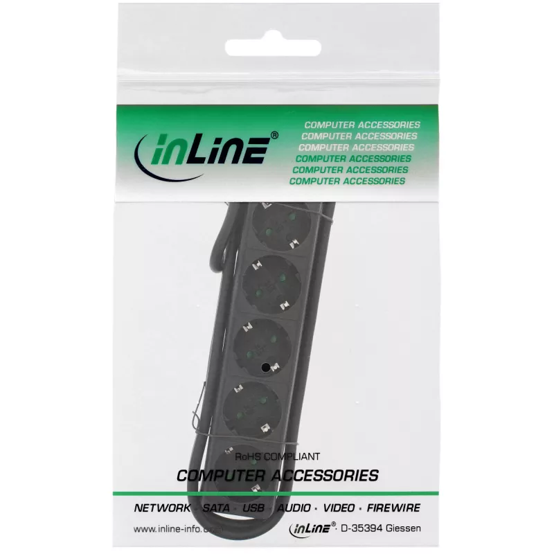 InLine kištukinis lizdas, 5 lizdų, su įžeminimo kontaktu CEE 7/3, juodas, 1,5 m