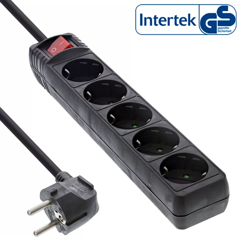 InLine lizdų juosta, 5 lizdai su įžeminimo kontaktu CEE 7/3, juoda, 1,5 m
