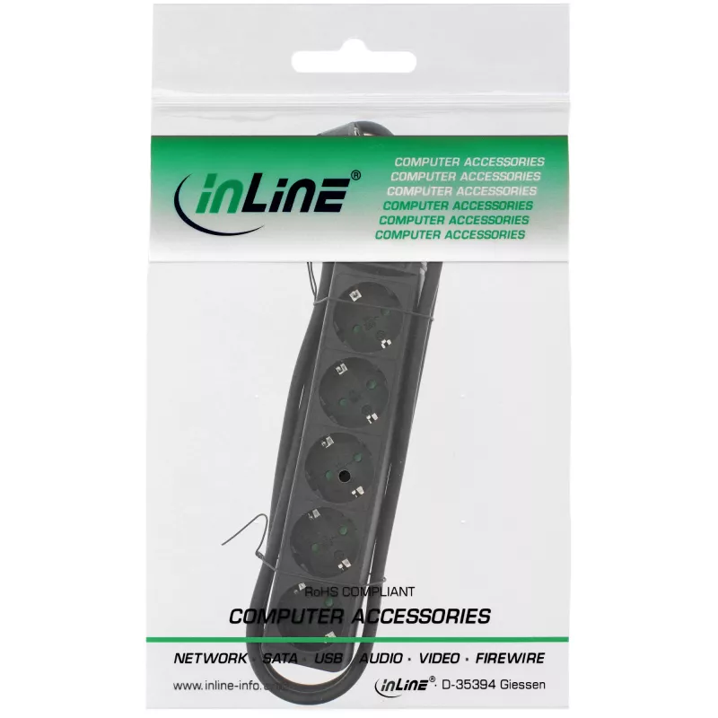 InLine lizdų juosta, 5 lizdai su įžeminimo kontaktu CEE 7/3, juoda, 1,5 m